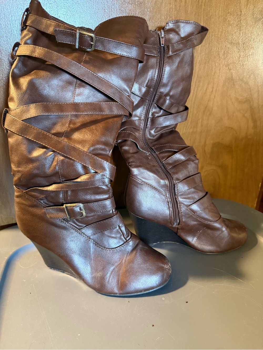 Women's Brown Wedge Boots with Buckle Straps